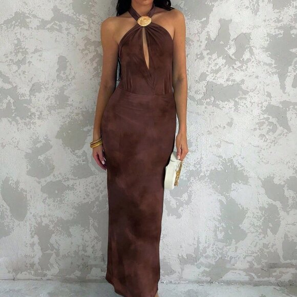 Coffee Brown Sexy Women's Sleeveless Shell Decor Backless maxi Dress - Picture 4 of 7